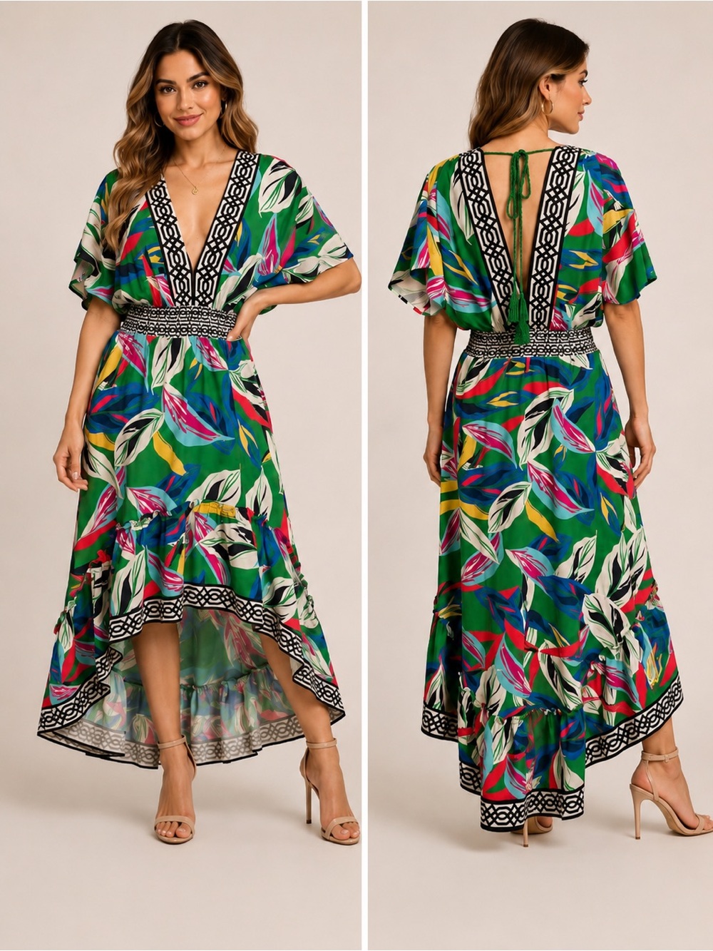 Flying Tomato High Low Maxi Dress Small Green Floral V-Neck Boho‎ Resort NWOT